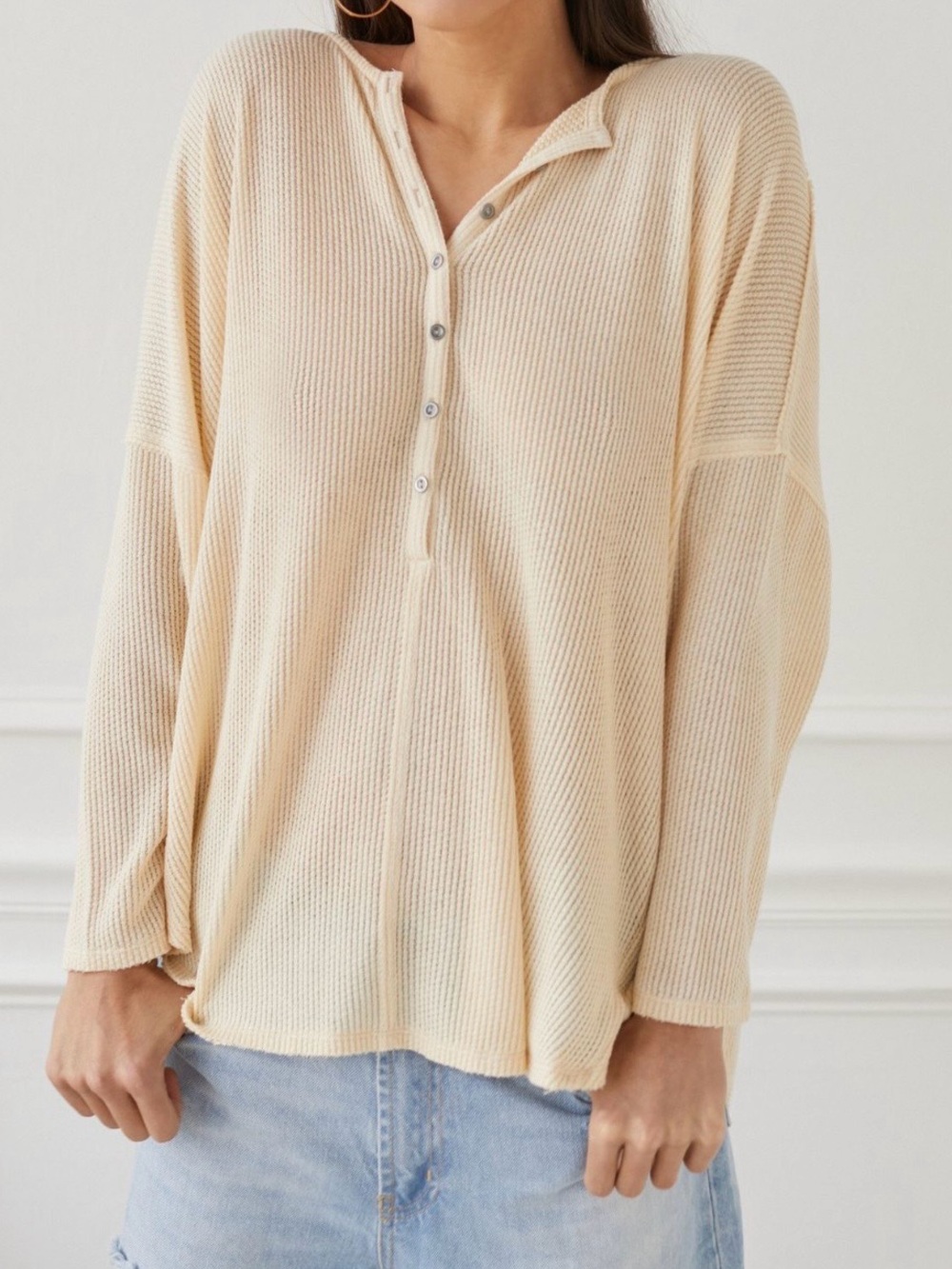 Urban Outfitters Cream Waffle Knit Henley Long Sleeve Top